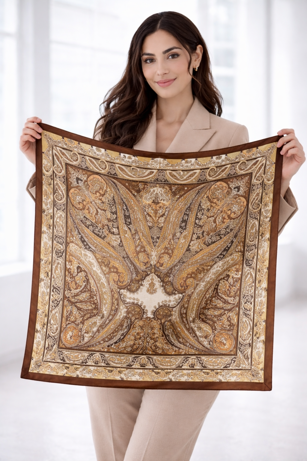 Golden Brown And Beige Paisley Print Silk Scarf