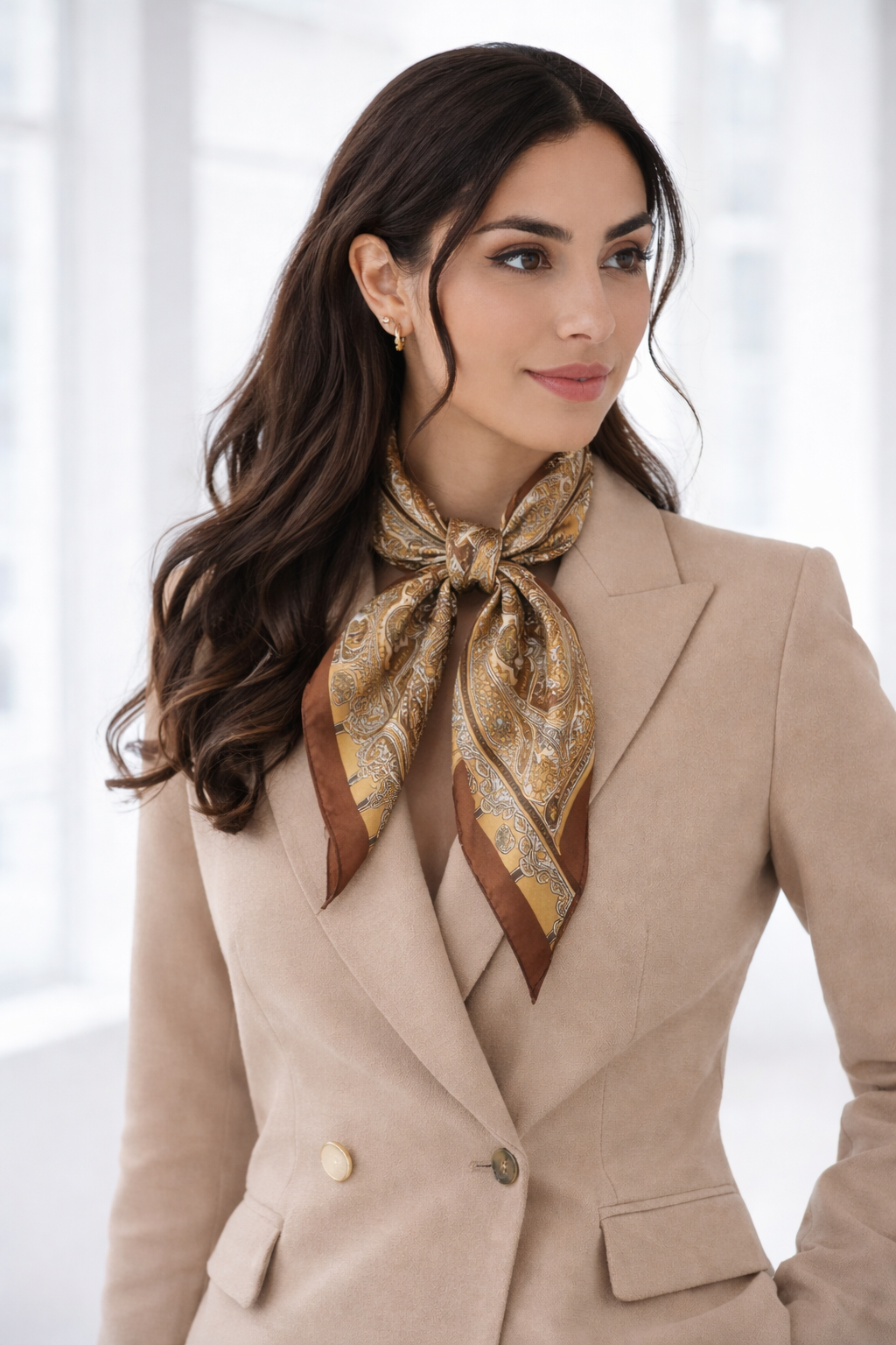 Golden Brown And Beige Paisley Print Silk Scarf