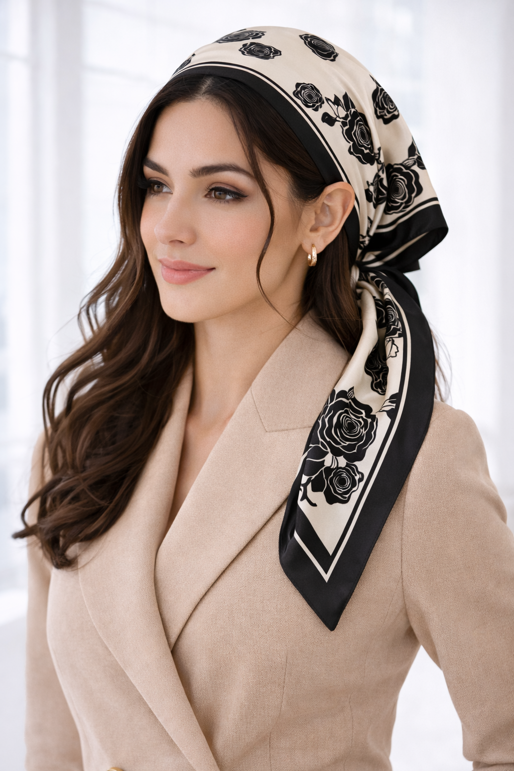 Elegant Black and White Rose Pattern Silk Scarf