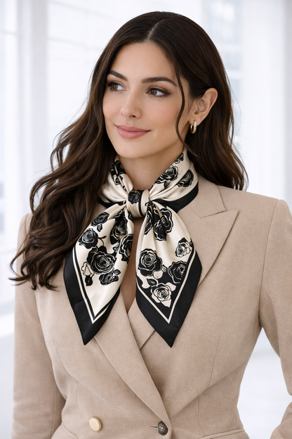 Elegant Black and White Rose Pattern Silk Scarf