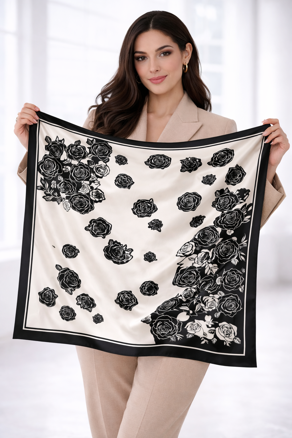 Elegant Black and White Rose Pattern Silk Scarf