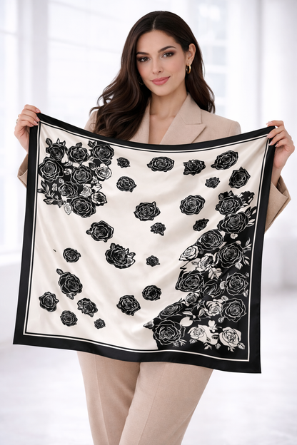 Elegant Black and White Rose Pattern Silk Scarf