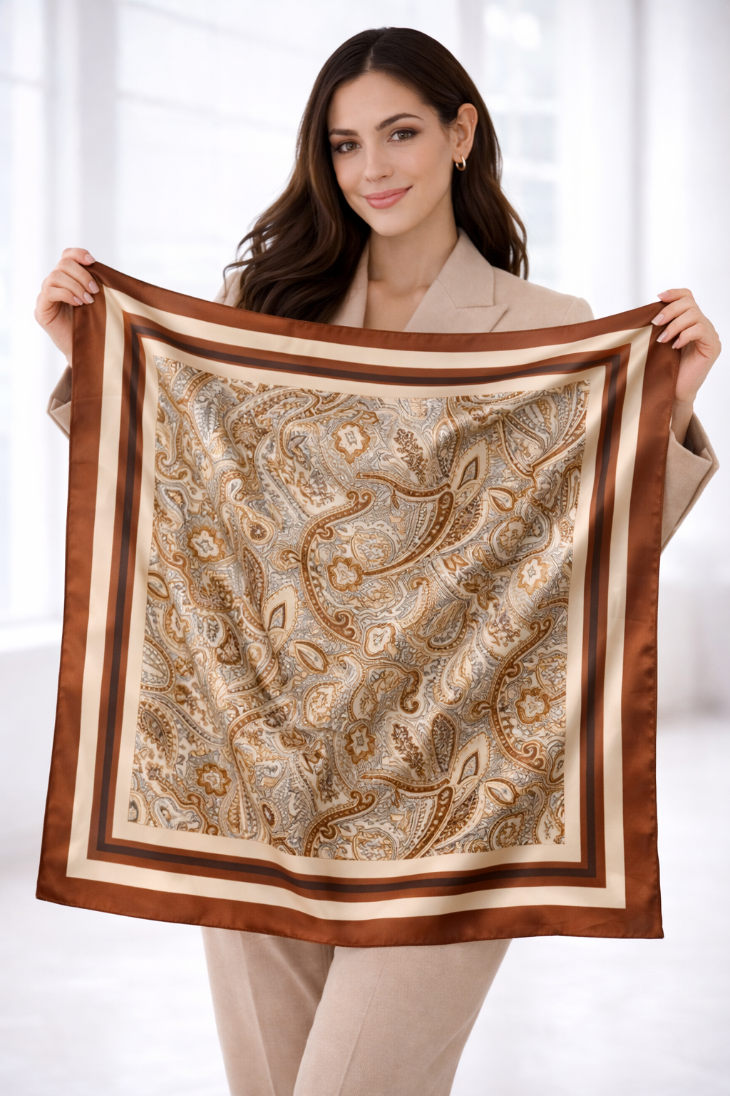 Stylish Brown Paisley Square Silk Scarf