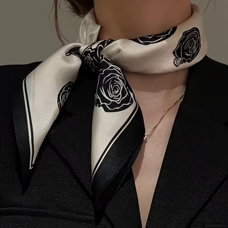 Elegant Black and White Rose Pattern Silk Scarf