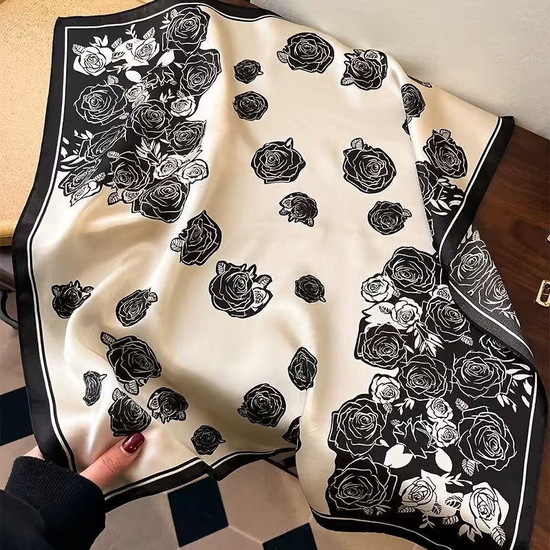 Elegant Black and White Rose Pattern Silk Scarf