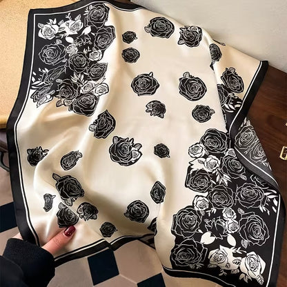 Elegant Black and White Rose Pattern Silk Scarf