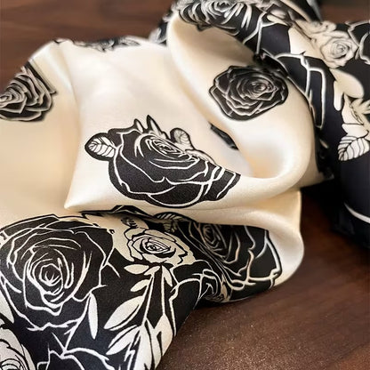 Elegant Black and White Rose Pattern Silk Scarf