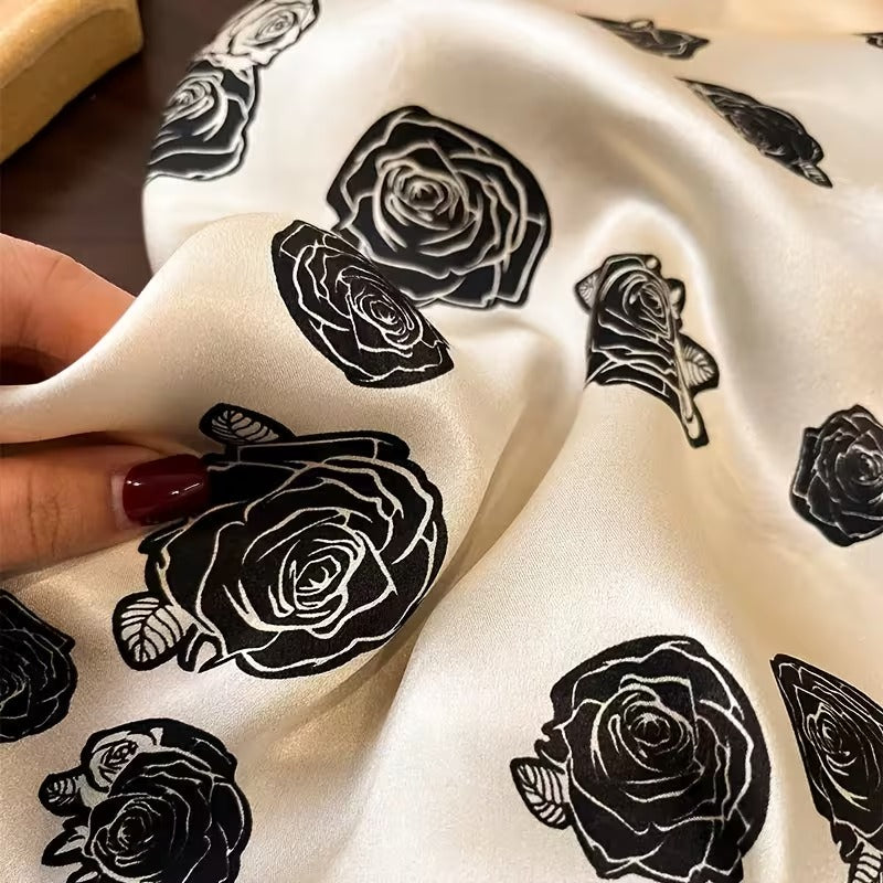 Elegant Black and White Rose Pattern Silk Scarf