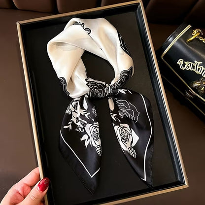 Elegant Black and White Rose Pattern Silk Scarf