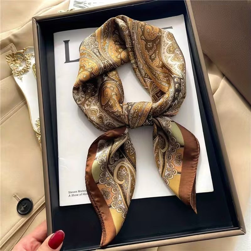 Golden Brown And Beige Paisley Print Silk Scarf