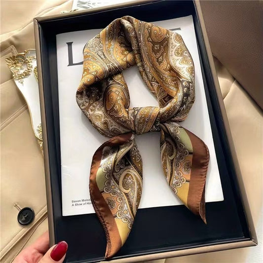 Golden Brown And Beige Paisley Print Silk Scarf