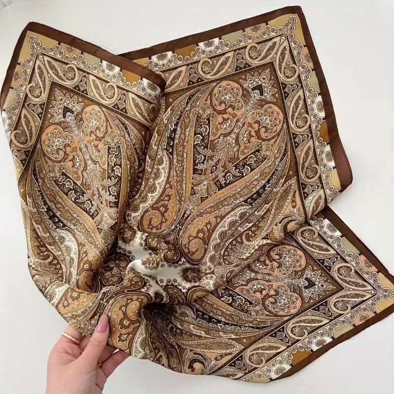 Golden Brown And Beige Paisley Print Silk Scarf