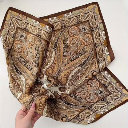Golden Brown And Beige Paisley Print Silk Scarf