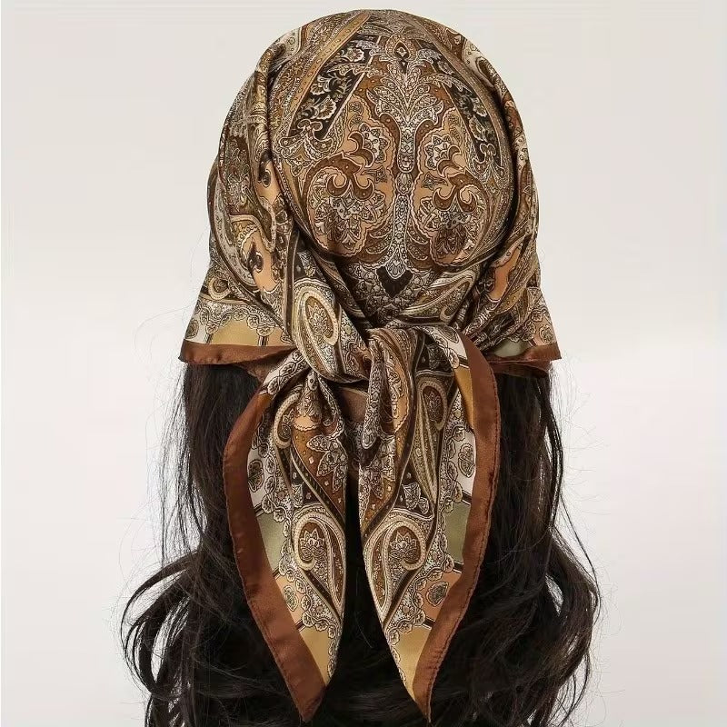 Golden Brown And Beige Paisley Print Silk Scarf