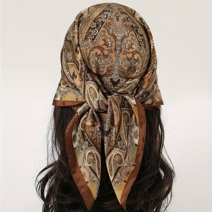 Golden Brown And Beige Paisley Print Silk Scarf