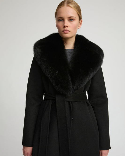 Havira Belted Black coat in wool with fox fur collar and lapel