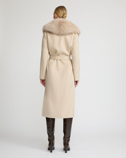 Havira Belted Beige coat in wool with fox fur collar and lapel