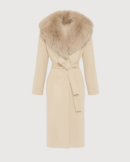 Havira Belted Beige coat in wool with fox fur collar and lapel