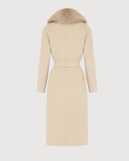 Havira Belted Beige coat in wool with fox fur collar and lapel