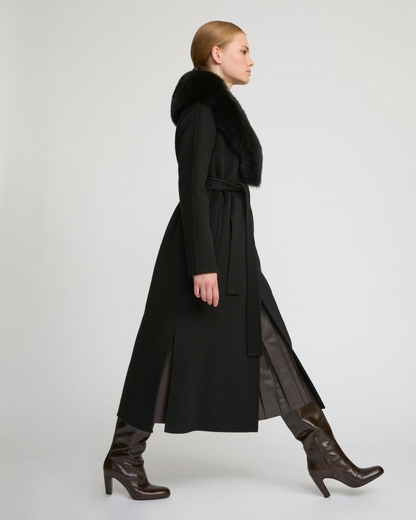 Havira Belted Black coat in wool with fox fur collar and lapel