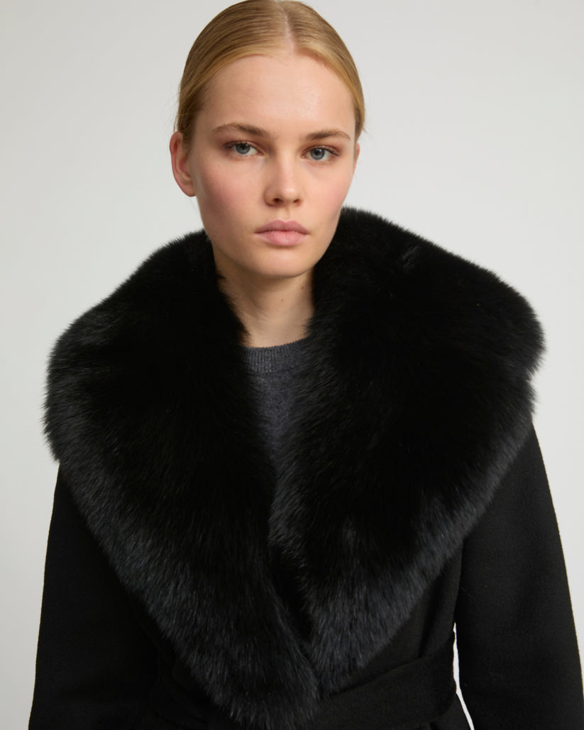 Havira Belted Black coat in wool with fox fur collar and lapel