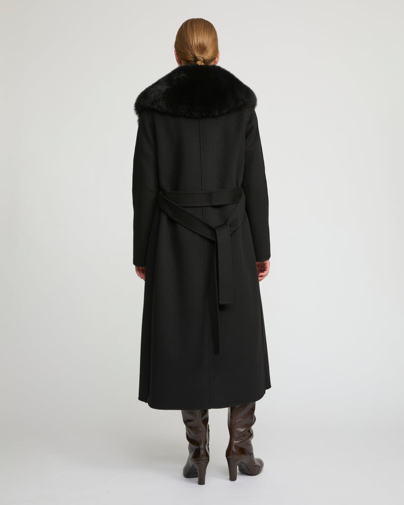 Havira Belted Black coat in wool with fox fur collar and lapel