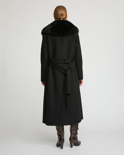 Havira Belted Black coat in wool with fox fur collar and lapel