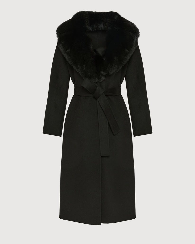 Havira Belted Black coat in wool with fox fur collar and lapel