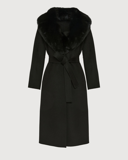Havira Belted Black coat in wool with fox fur collar and lapel