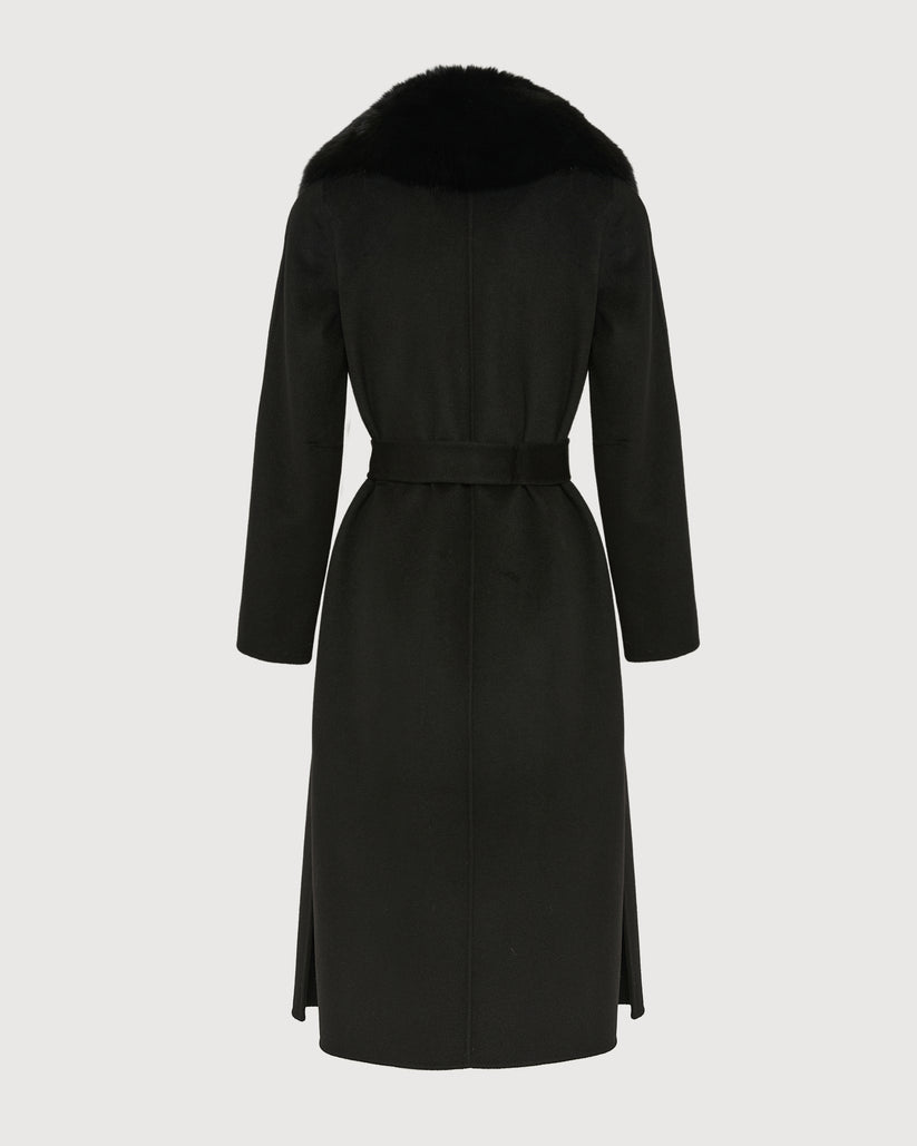 Havira Belted Black coat in wool with fox fur collar and lapel