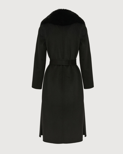 Havira Belted Black coat in wool with fox fur collar and lapel
