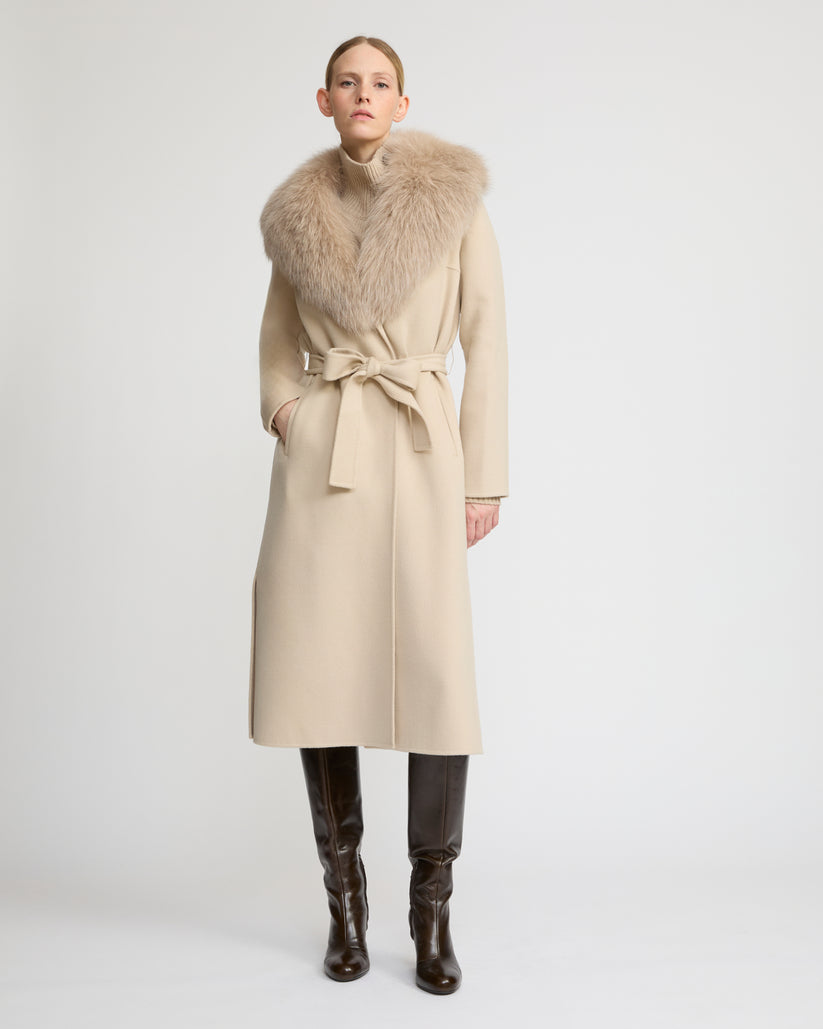 Havira Belted Beige coat in wool with fox fur collar and lapel