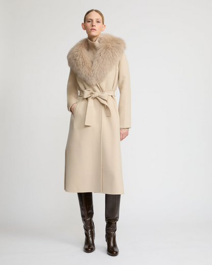 Havira Belted Beige coat in wool with fox fur collar and lapel