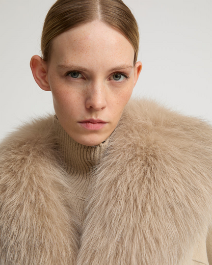 Havira Belted Beige coat in wool with fox fur collar and lapel
