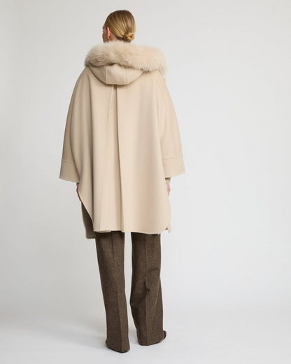 Havira Beige Cashmere blend hooded cape with fox trim