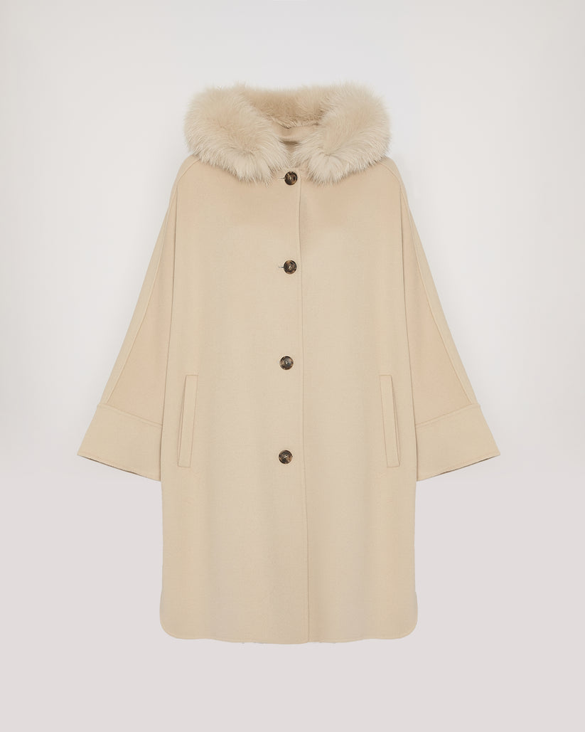 Havira Beige Cashmere blend hooded cape with fox trim