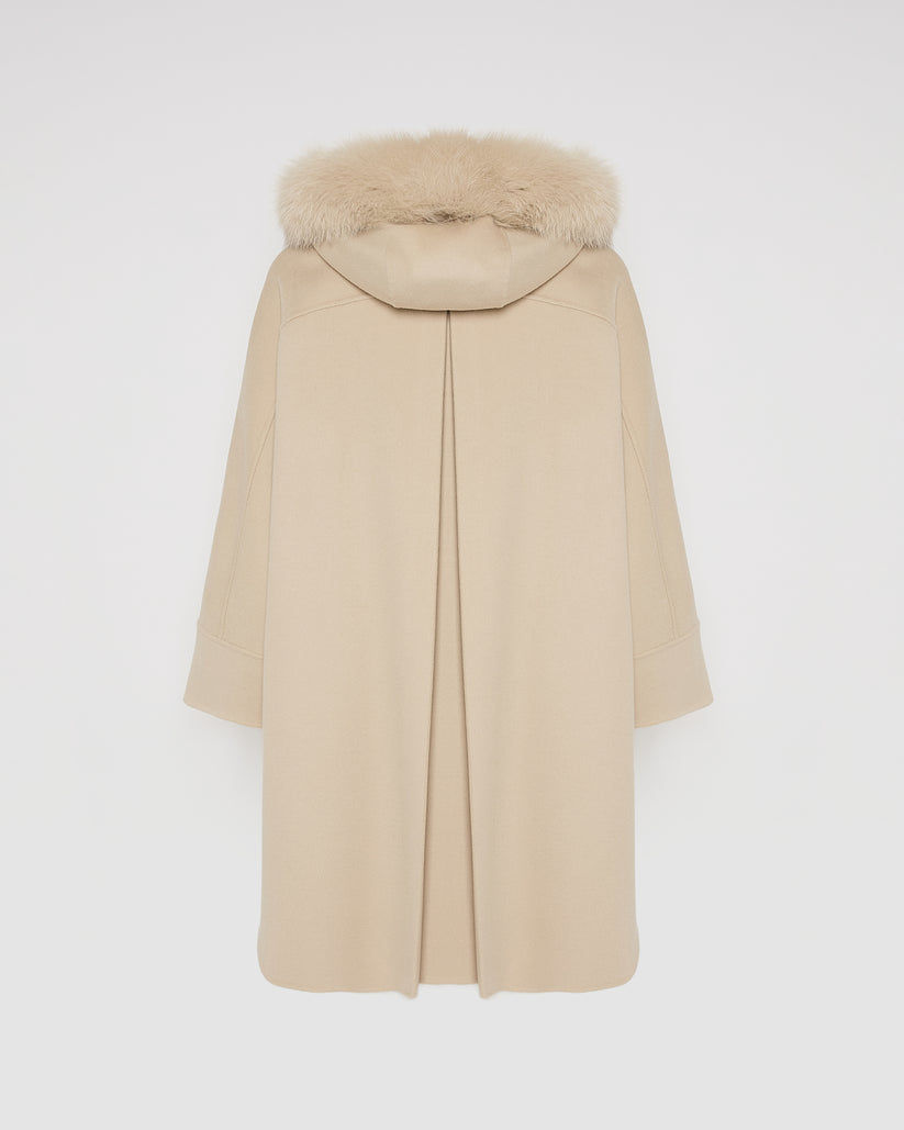 Havira Beige Cashmere blend hooded cape with fox trim