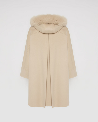 Havira Beige Cashmere blend hooded cape with fox trim