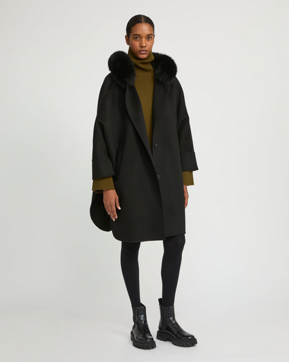 Havira Black Cashmere blend hooded cape with fox trim