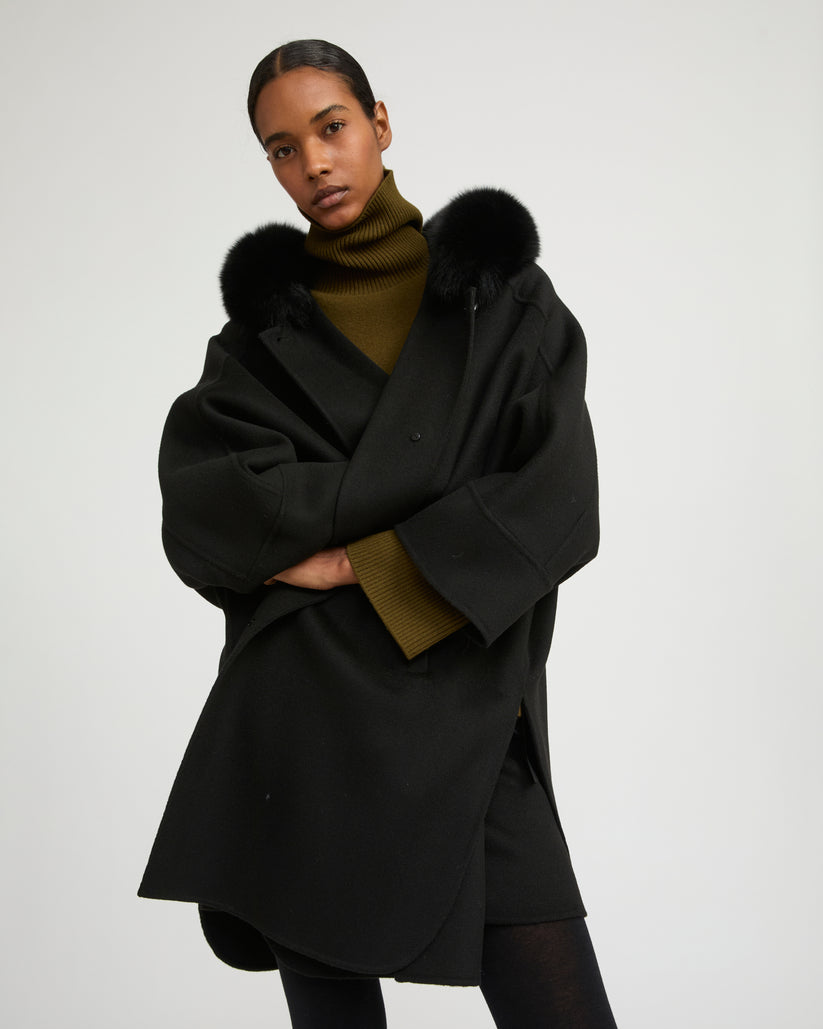Havira Black Cashmere blend hooded cape with fox trim
