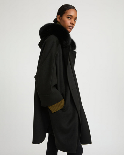 Havira Black Cashmere blend hooded cape with fox trim