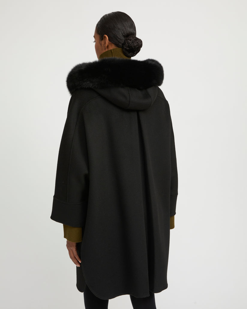 Havira Black Cashmere blend hooded cape with fox trim
