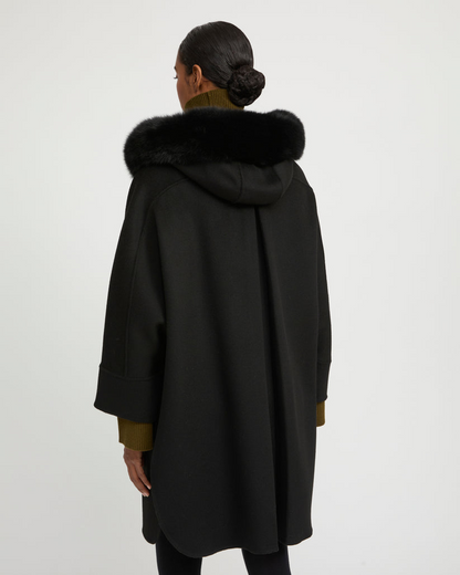 Havira Black Cashmere blend hooded cape with fox trim