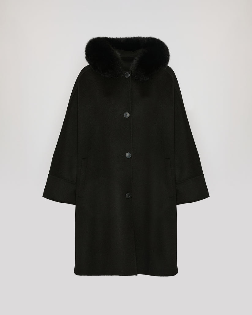 Havira Black Cashmere blend hooded cape with fox trim
