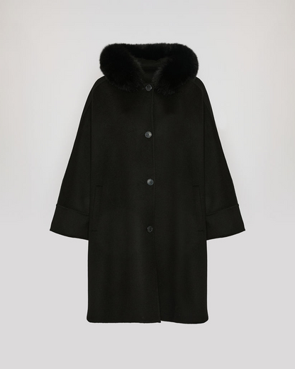 Havira Black Cashmere blend hooded cape with fox trim