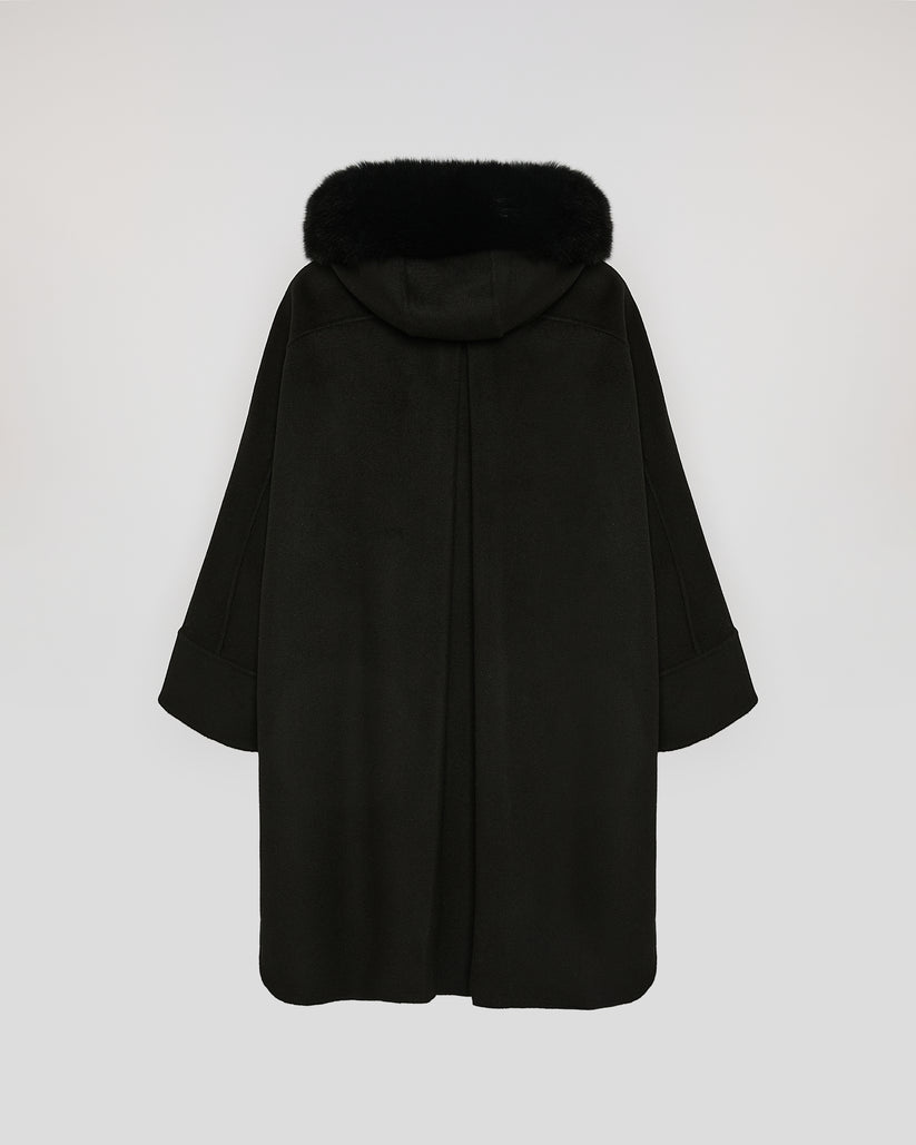 Havira Black Cashmere blend hooded cape with fox trim
