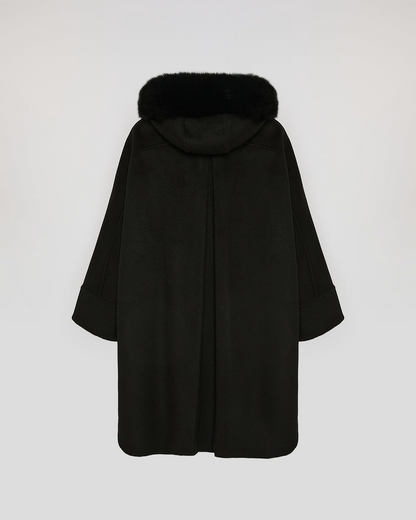 Havira Black Cashmere blend hooded cape with fox trim