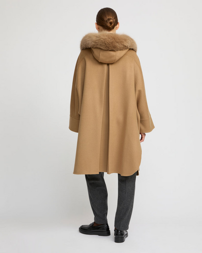 Havira Cashmere blend hooded cape with fox trim