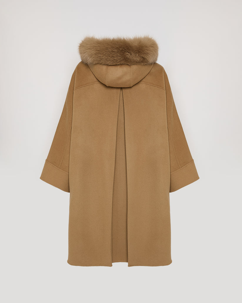 Havira Cashmere blend hooded cape with fox trim