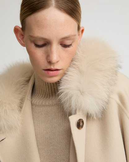 Havira Beige Cashmere blend hooded cape with fox trim